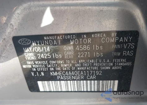 2014 Hyundai Sonata Hybrid from USA, damaged, VIN KMHEC4A40EA117192